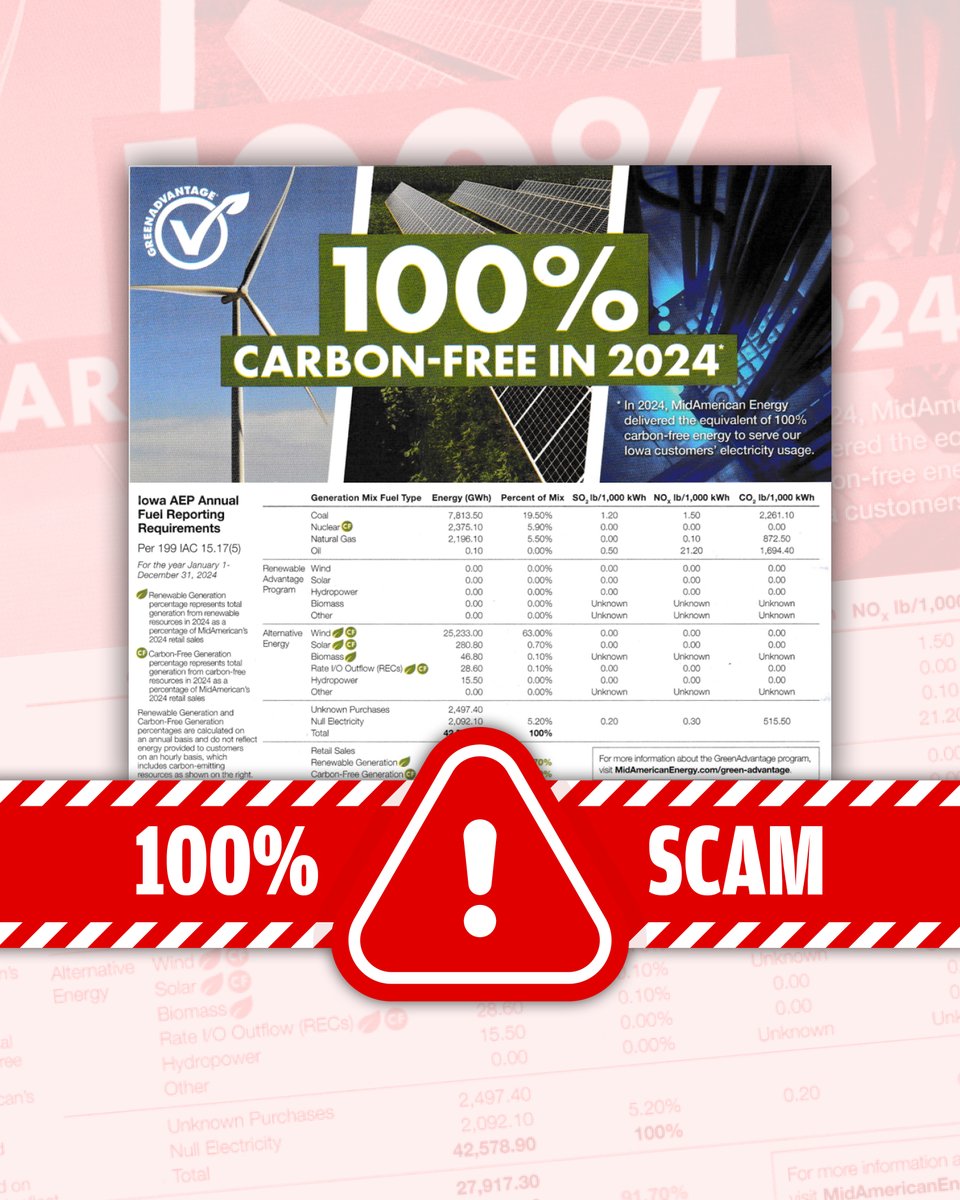 CleanUpMidAm's tweet image. 🚨 SCAM ALERT: You may have received this notice from MidAmerican Energy, claiming that your electricity is 100% carbon-free. In reality, MidAmerican burns coal across Iowa as part of the largest coal fleet in the country. Don't fall for their scam!
