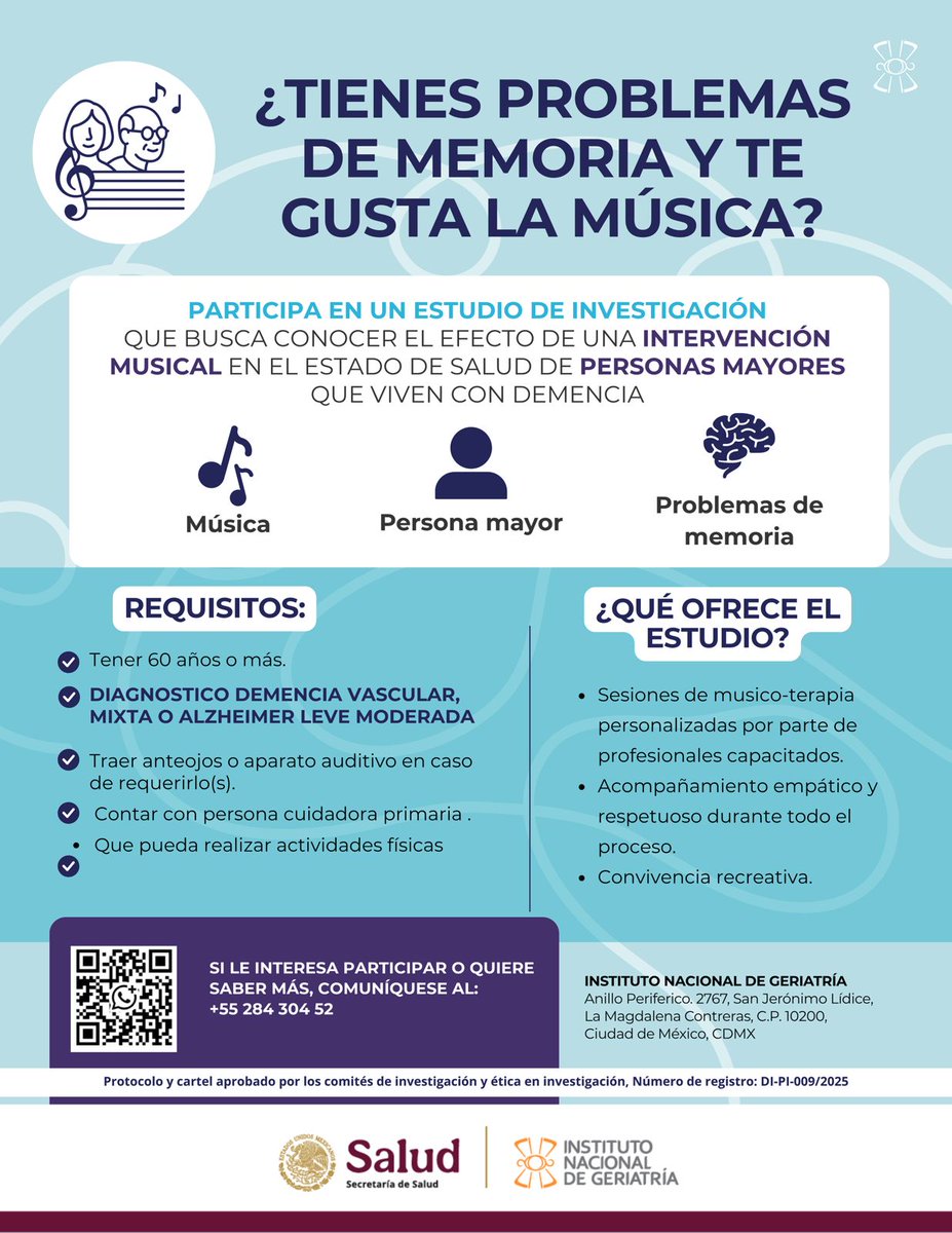 INGER_mx's tweet photo. 🎶 El INGER te invita a ser parte de un estudio sobre música y salud cognitiva.

Buscamos personas de 60 años o más con demencia leve/moderada para sesiones de musico-terapia personalizada.

📞 +55 284 304 52 https://t.co/S9I1Ocg7az