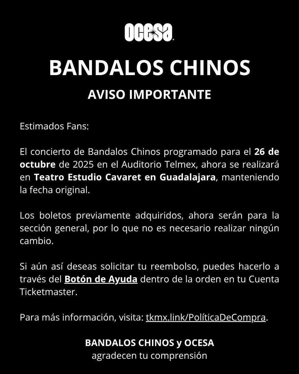 El concierto de <a href="/BandalosChinos/">Bandalos Chinos</a> en Guadalajara cambia de sede, ahora se realizará en el <a href="/TEstudioCavaret/">Teatro Estudio Cavaret</a> manteniendo la fecha original del 26 de octubre. 

Los boletos previamente adquiridos serán válidos.
Presentado por <a href="/ocesa_total/">Ocesa Total</a>