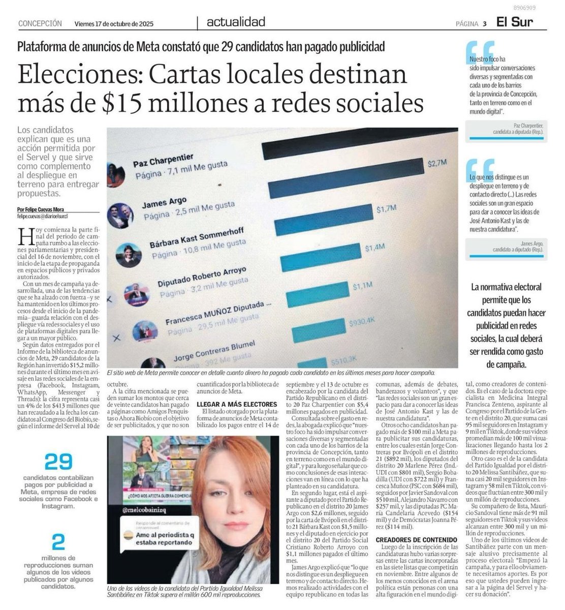 Una parte de la campaña electoral se juega en las redes sociales, e incluso creadores de contenido son candidatos en el Biobío. En <a href="/elsurcl/">Diario El Sur</a> de hoy contamos qué las cartas al Congreso han destinado $15 millones en publicidad en Meta durante el último mes 🗞️✅