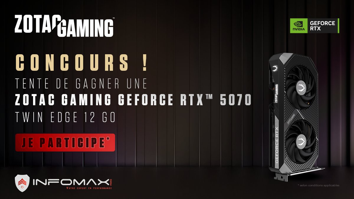 🎁 ALERTE GIVEAWAY !

Avec Zotac, on a décidé de vous offrir une petite GeForce RTX 5070 12 Go !
Pour participer :

- Likez le post
- Suivez <a href="/ZOTACFrance/">ZOTAC France</a> et <a href="/NVIDIAGeForceFR/">NVIDIA GeForce FR</a>
- Identifiez 2 ami(e)s en commentaire !

📅 Tirage au sort : 7 novembre
#RTXOn #DLSS4 #RTX50