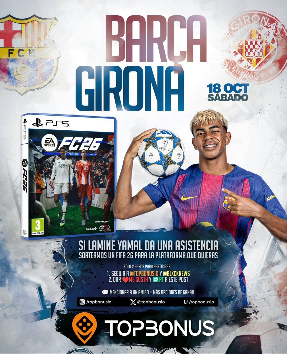 🎉 SORTEO FIFA 26 🎉

Si Lamine Yamal da una asistencia 🪄 ¡sorteamos un FIFA 26 para la plataforma que quieras!⚽

👀 Solo 2 pasos para participar:

1️⃣ Seguir a <a href="/Topbonusio/">TopBonus</a> y <a href="/BlxckNews/">Black</a>
2️⃣ Dar Me Gusta ❤️ y RT 🔁 a este post.
💬 Mencionar a un amigo = Más opciones de ganar.