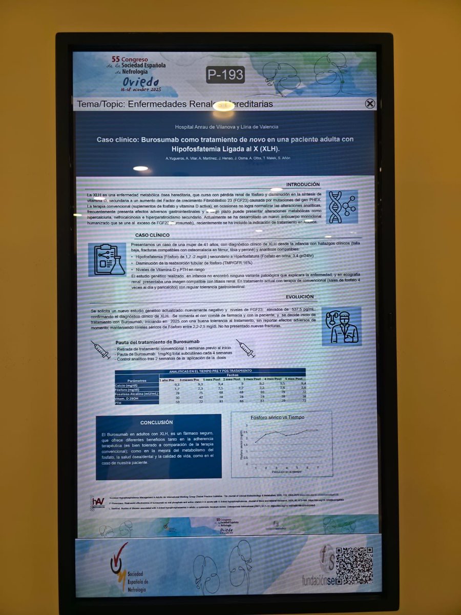 NephrogenVLC's tweet photo. Caso clínico de Hipofosfatemia ligada al X en adultos y la importancia de la nueva indicación del Burosumab , presentada por @ayugueros1 y el grupo de Hospital Arnau de Vilanova y Lliria en #senefro25 @SVN @SENefrologia @GVAdsarnau https://t.co/dwiQ8huDFk