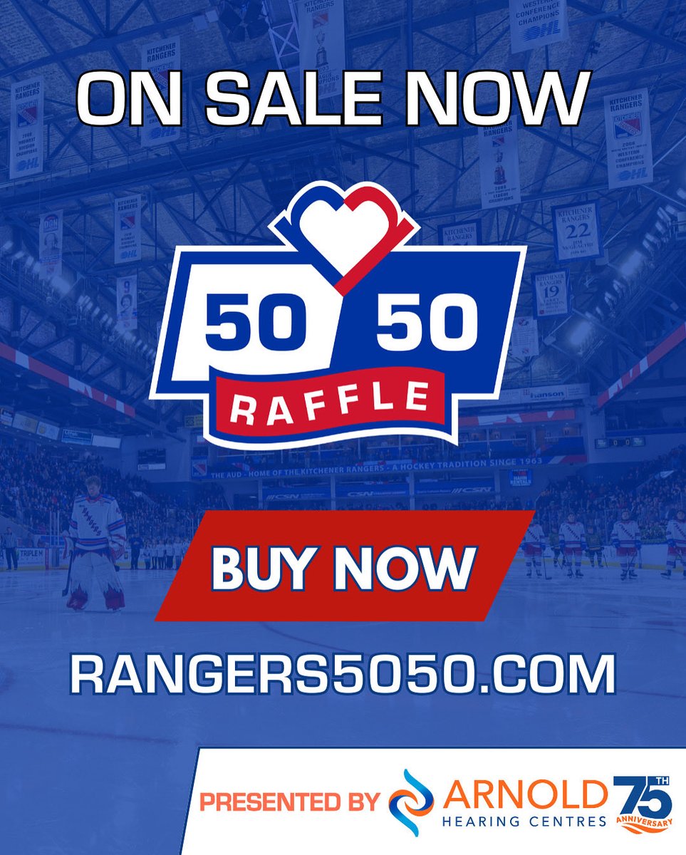 GAME DAY! ⚔️

50/50 tickets are on sale for tonight’s <a href="/OHLRangers/">Kitchener Rangers</a> game! 

Buy online, at the game or text “WIN” to 95050 ! 📲

Standard data &amp; message rates may apply 

🎟️ Rangers5050.com 

Presented by: @arnoldhearing 🦻