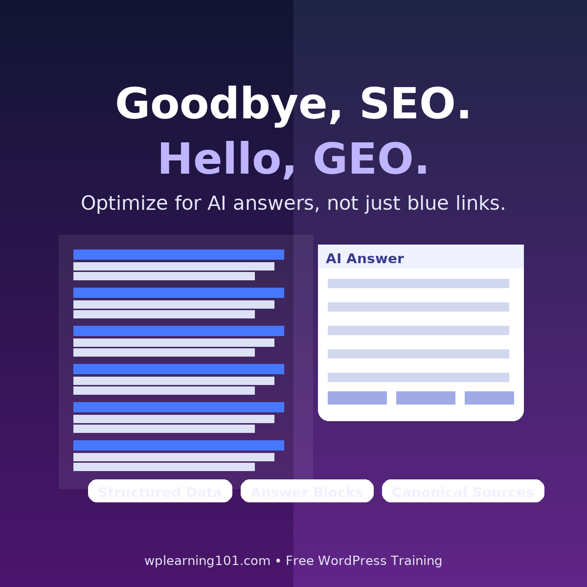 JustDreamItMedi's tweet image. Goodbye, SEO. Hello, GEO
Search is shifting from blue links to AI answers. Optimize for Generative Engines (GEO): answer-first content, structured data, and “source of truth” pages.
Learn WP fast: wplearning101.com
Free plugin: mycontentcreatorpro.com/free-autoblogg…
#SEO #GEO #WordPress