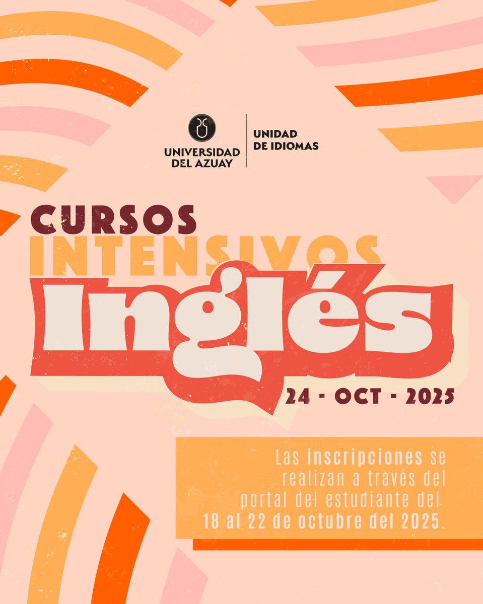 📣 Cursos intensivos de Inglés

Las inscripciones son del 18 al 22 de octubre de 2025 a través del portal estudiantil: uazuay.edu.ec/portal/

(No aplica para estudiantes de Formación Tecnológica).

📨Información: idiomas@uazuay.edu.ec