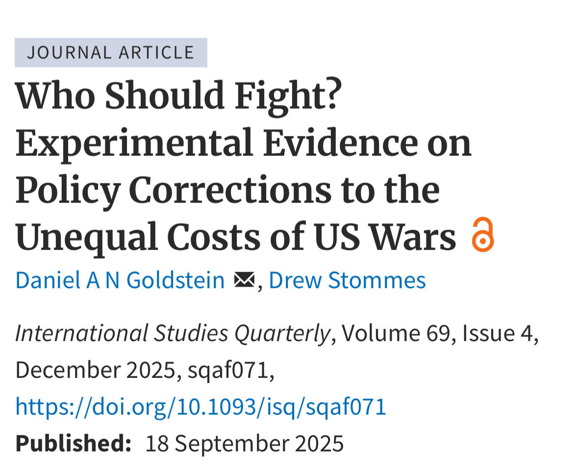 I have a new paper with Daniel Goldstein evaluating whether and how citizens want to address the differential burdens of public goods provision, focusing on the physical costs of US military conflict disproportionately borne by less affluent Americans. academic.oup.com/isq/article/69…