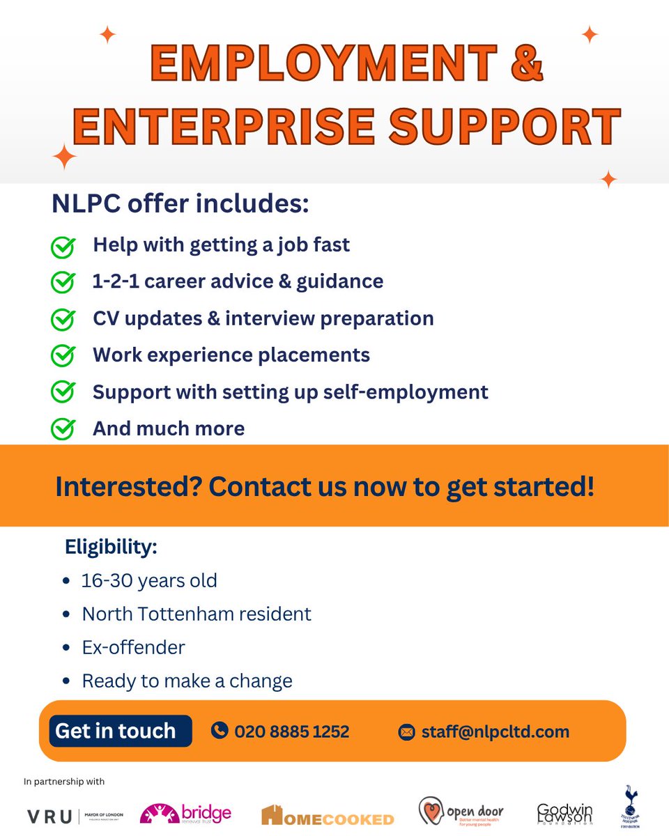 nlpcltd's tweet image. Are you 16-30 years old and ready for a fresh start?
If you are an ex-offender or affected by the justice system, the Home Cooked Northumberland Park programme is here to help you get a job FAST.
Don&apos;t let your past define your future.
We offer support that suits your needs.