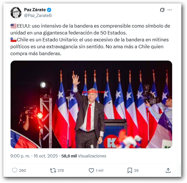 Q imbecilidad cuestionar a KAST por el uso del pabellón nacional, el propio símbolo del PR se funda en los colores de la bandera, escudo, etc.