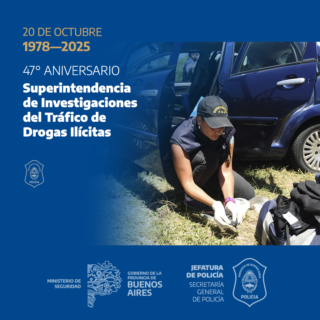 Hoy se cumple el 47° aniversario de la Superintendencia de Investigaciones del Tráfico de Drogas Ilícitas. Creada el 20 de octubre de 1978  con la misión de asesorar en todos los hechos delictivos de esa especialidad, planificando y ejecutando medidas para impedirlos.
#PolicíaPBA