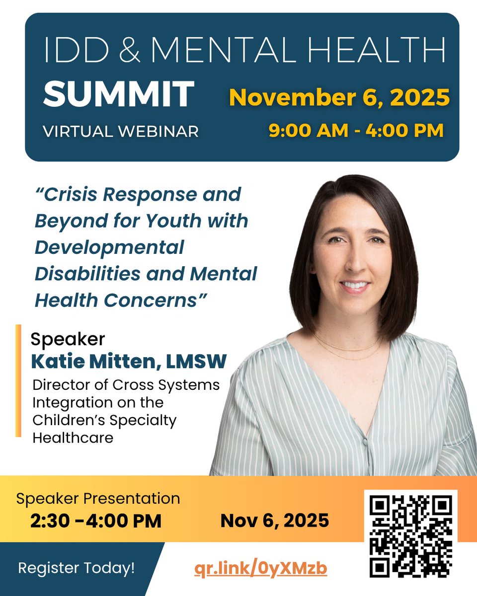 🎤 𝗠𝗲𝗲𝘁 𝗞𝗮𝘁𝗶𝗲 𝗠𝗶𝘁𝘁𝗲𝗻, 𝗟𝗠𝗦𝗪 — 𝗜𝗗𝗗 &amp; 𝗠𝗲𝗻𝘁𝗮𝗹 𝗛𝗲𝗮𝗹𝘁𝗵 𝗦𝘂𝗺𝗺𝗶𝘁 𝗦𝗽𝗲𝗮𝗸𝗲𝗿!
Nov 6, 2025 | 9 AM – 4 PM
Register: qr.link/0yXMzb — Don't wait—register now!
#IDDandMentalHealthSummit #IDD #MentalHealth  #CrisisResponse #YouthMentalHealth