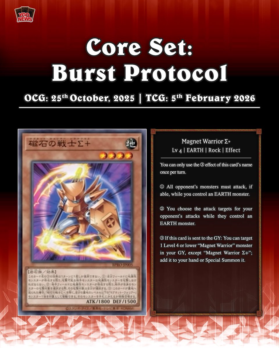 The upcoming core set Burst Protocol just  revealed new Magnet Warrior support cards  Tellusrion the Magna  Warrior  Magnet Warrior +  Magnet Warrior -  Conduction Knight  Plasma