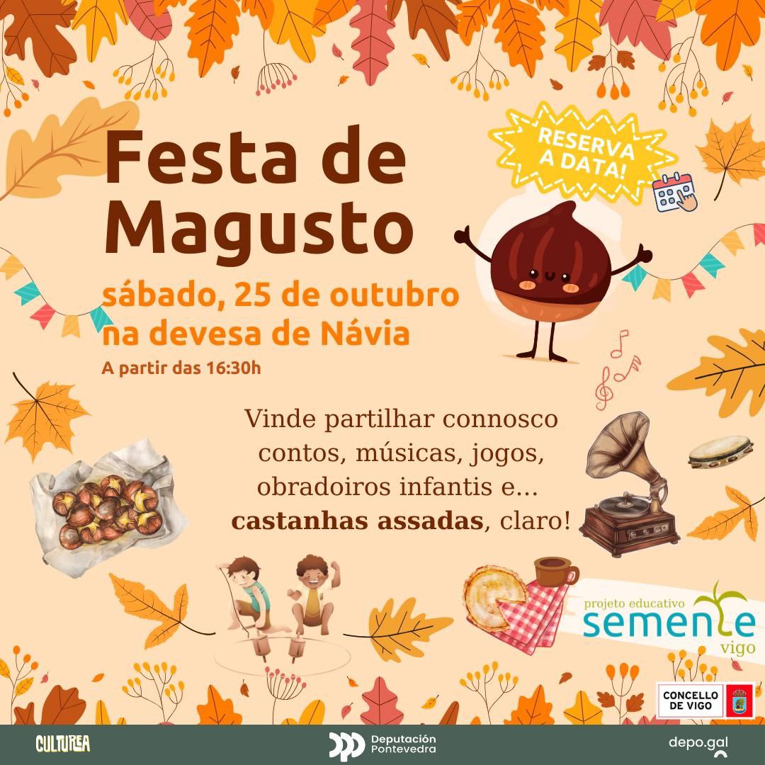 O sábado, dia 25, celebramos o Magusto da Semente Vigo. Com contos, música, castanhas e muitas surpresas! Em Návia, a partir das 16:30h. Reserva a data!!

#magusto #semente #castanhas #música #EscolasSemente #Vigo #Navia #Návia