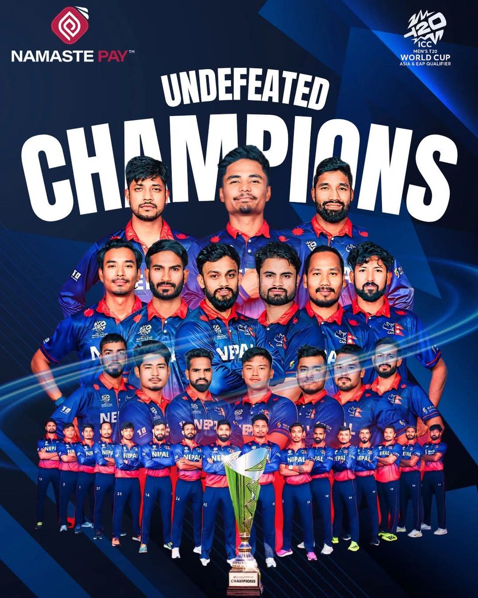 🏆 CHAMPIONS! 🇳🇵🔥

Nepal lifts the ICC T20 World Cup Asia &amp; EAP Qualifiers trophy undefeated! 💥

#NamastePay #DigitalNepal #NepalCricket #T20WorldCupBound #Champions #JayNepal