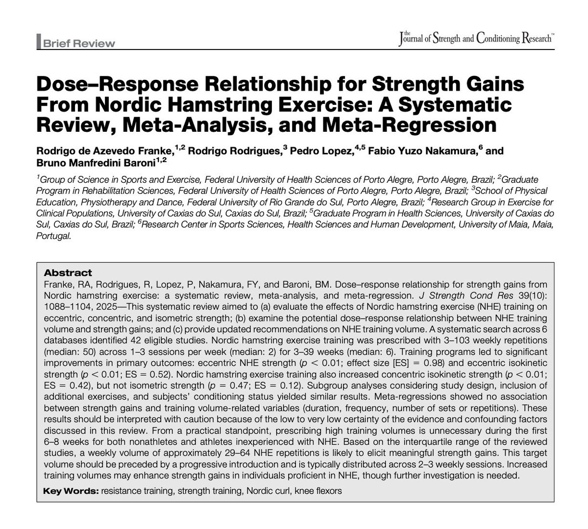 Tatopek1's tweet photo. 🆕"This review examined the effects of NHE training on muscle strength outcomes &amp; evaluated the existence of a dose-response relationship"
➡️Large gains in ECC strength, moderate gains in CON strength
👉R. de Azevedo Franke et al, 2025 🇧🇷
📂Open Access: https://t.co/tC81yg6cHl https://t.co/P25oD9IZ2e