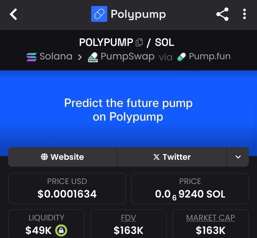 $POLYPUMP | 163K MC 🚀
Can this moon hard?

<a href="/PolyPumpFun/">Polypump</a> is a prediction markets for the pumpdotfun ecosystem. Shld be huge IF team delivers. Taking the risk on this. Moon or dust 🤔 

CA: AigqqAyxV1quPYjskhpoYEK3szVRDKcHmiaFj3rXpump 
 👉 BUY With Trojan Bot: