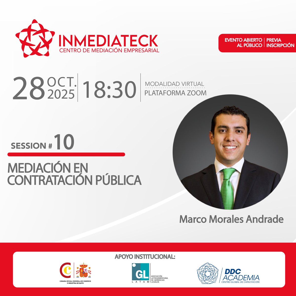 Este 28 de octubre acompáñanos a un encuentro con Marco Morales Andrade, que nos compartirá estrategias para resolver conflictos de forma eficiente, prevenir litigios y asegurar el éxito en proyectos públicos 🏗️.

👉Registrate aquí: ddcacademia.com/Inscripcion/In…