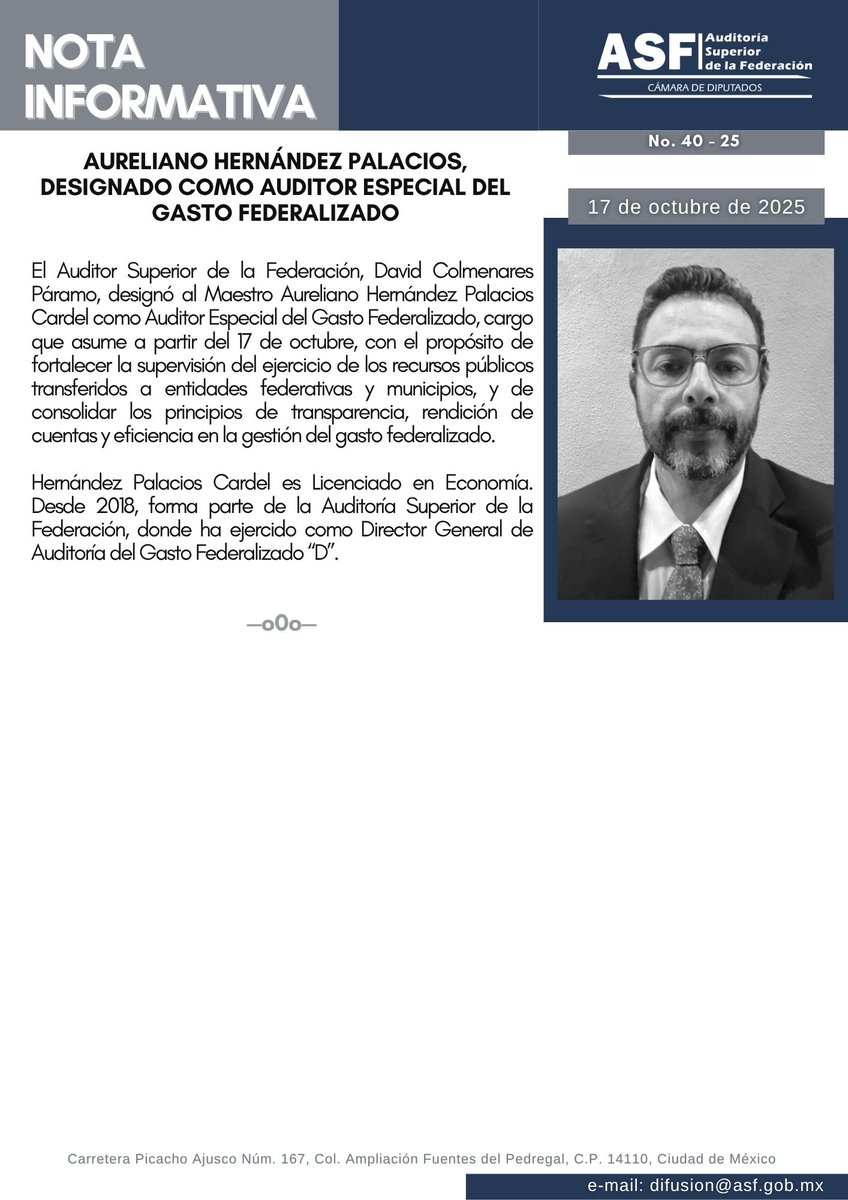 #Boletín | Aureliano Hernández Palacios, designado como Auditor Especial del Gasto Federalizado. 
✒️ tinyurl.com/33xam9pe