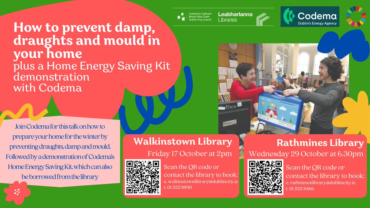 Are you living or working near Rathmines?
🗓️Come along to Rathmines Library at 6.30pm, next Wednesday 29th October, to find out how to prevent drafts, damp &amp; mold in your home, and to learn about our Home #EnergySaving Kits! 
✏️See how to register below 👇