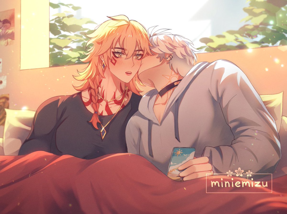 miniemizu's tweet photo. hiii can i get a retweet of my art for my birthday? 🥺 i like to draw phainon kissing mydei in different ways ☀️🍷

#phaidei https://t.co/4k9J80HqUh