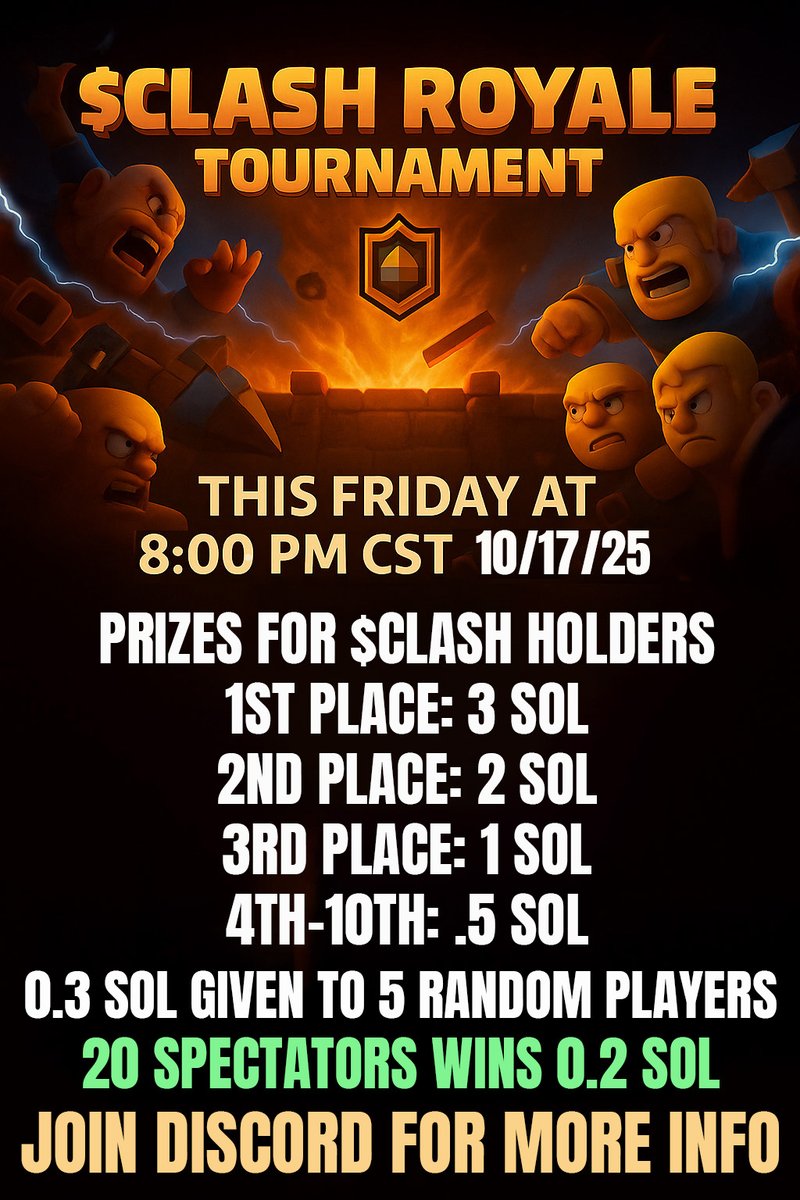 GeorgePlayClash's tweet image. Tonight's @clash tournament will be at 8:00 p.m. CT. The join link will be posted in the form and on Discord one hour early. There will be over $3000 in prizes and giveaways!  Join Form &amp;amp; Rules:  forms.gle/2aLwaoWG9x7VPJ….  Discord: discord.com/invite/RmT2PfK…