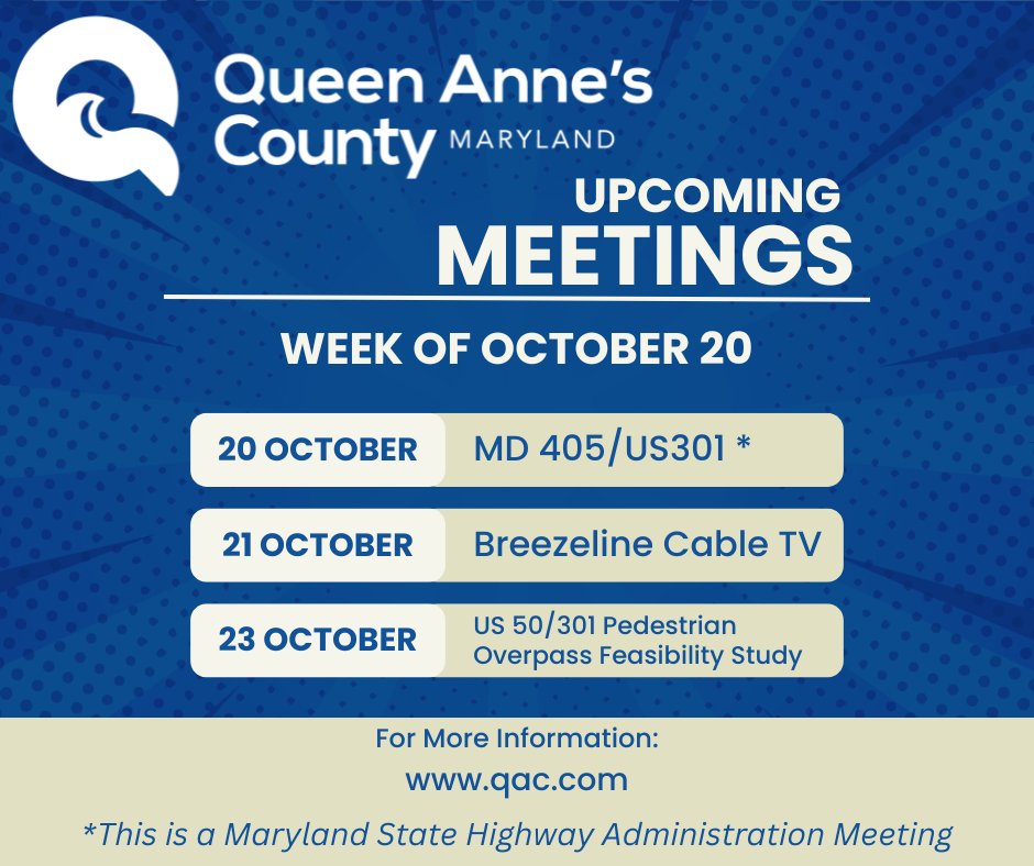 Have your say! 🗣️
📍 Oct 20 – MDOT SHA on MD 405/US 301
📍 Oct 21 – Breezeline Town Hall
📍 Oct 23 – US 50/301 Pedestrian Overpass Study
Details ➡️ qac.org
