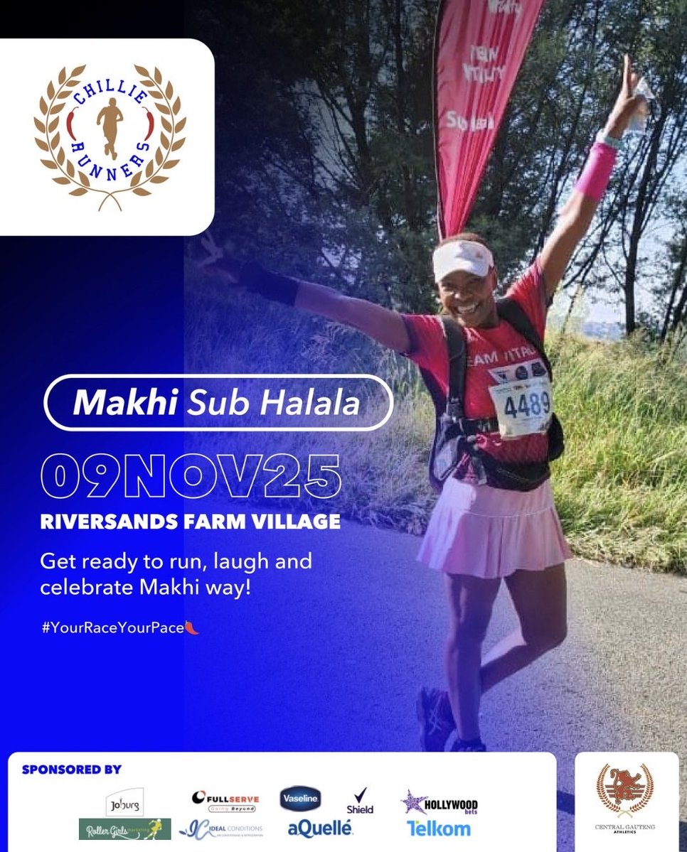Meet Makhi, the queen of joy and energy, ready to carry you across that finish line with a smile and a cheer! 💃🏾
📅 09 Nov 2025 
📍 Riversands Farm Village 

#YourRaceYourPace🌶️ #ChillieRunners #LifestyleChoices #Uyababapelepele
