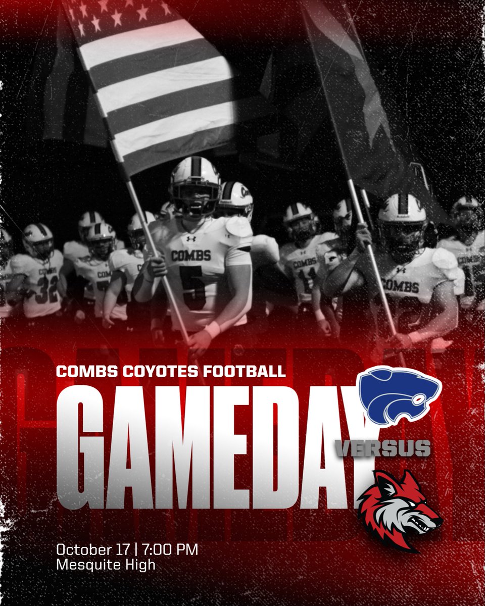 CombsFTBL's tweet photo. It’s GAMEDAY! Last road game of the regular season! See you in Gilbert tonight as we take on Mesquite! Be LOUD, be early, BE ALL IN!! #combshighschool #ALLin #fridaynightlights #CoyotePack https://t.co/r7WHewR2Db