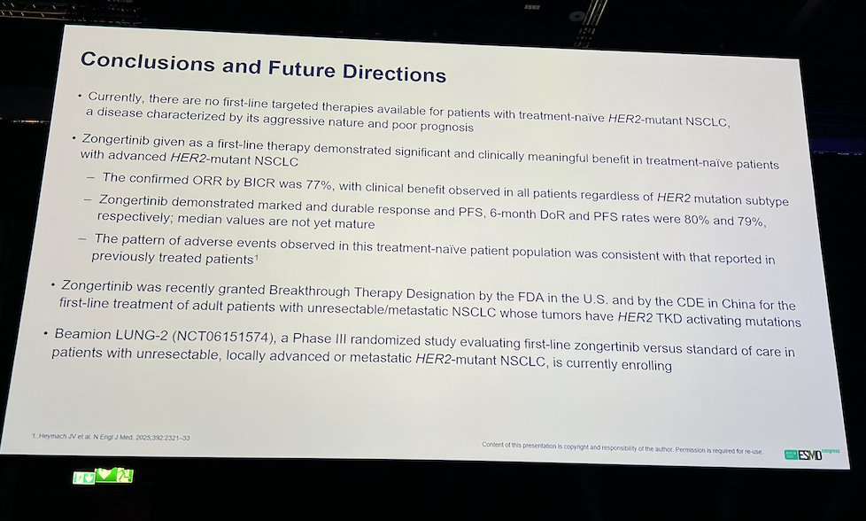 Zongertinib in the 1L setting (#BEAMION LUNG-1 cohort 2) presented by <a href="/DrSanjayPopat/">Sanjay Popat</a> showed significant, rapid clinical benefit in patients with untreated HER2-mutant NSCLC with an ORR of 77% and a DCR of 96%. Eagerly awaiting read out from the randomized 1L study (#BEAMION