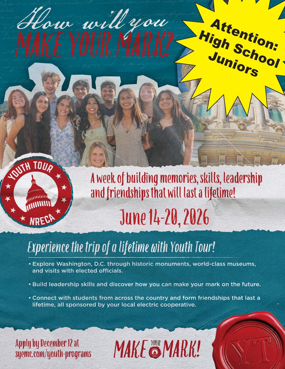 The application period for the 2026 Youth Tour to Washington, D.C. is now open! SYEMC will select 2 high school juniors to represent the cooperative during next summer's Youth Tour. Apply today: syemc.com/youth-programs.