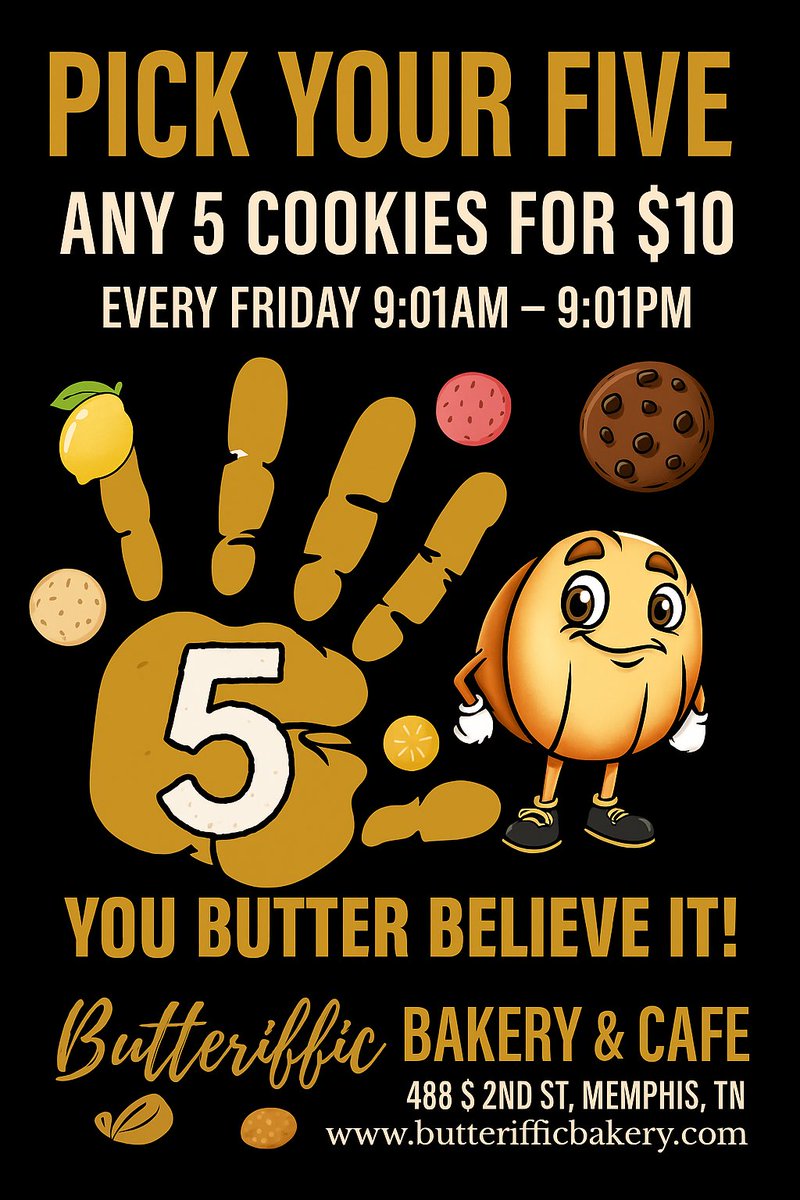 Pick your five:
🍋 Lemon Butter
🍓 Strawberry Butter
🍫 Double Chocolate Chip
🥥 Coconut Butter
✨ And so many more!
All 5 for just $10 — every Friday, 9:01am–9:01pm.