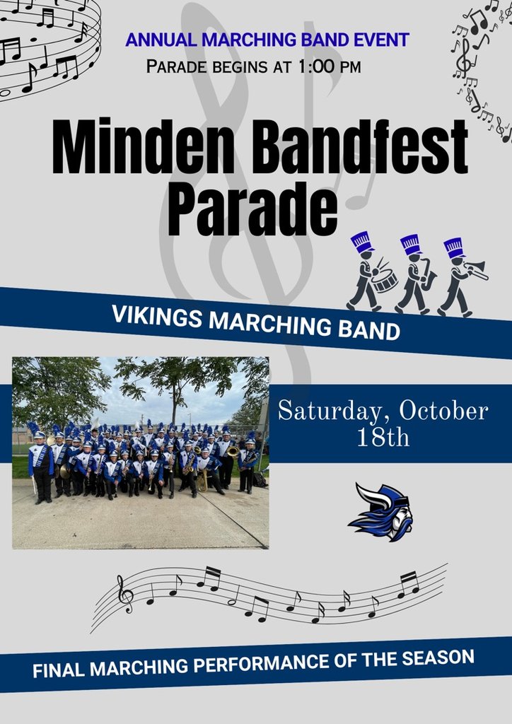 BertrandVikings's tweet photo. Minden Bandfest is tomorrow with the parade beginning at 1:00 pm. Good luck Vikings Band! 🎶🎶🎶 https://t.co/h5xrO2r5oz