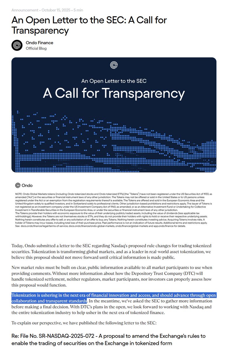 Today Ondo Finance submitted their open letter to the SEC on real world asset tokenization change.

"While we wholeheartedly agree that tokenization is an important market feature that should be fully supported by Nasdaq, other self-regulatory organizations, market participants,