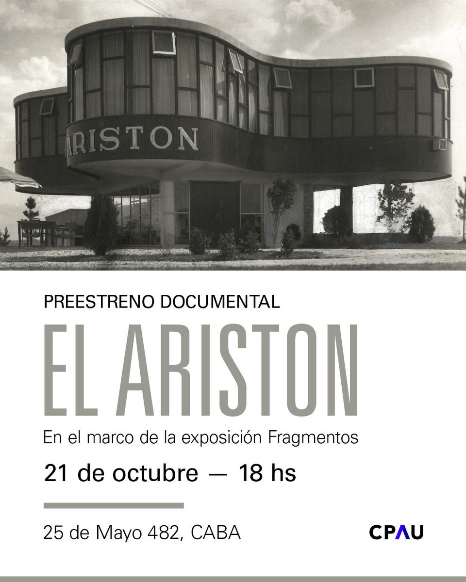 cpauorg's tweet photo. Preestreno del documental El Ariston: una mirada al legado de Marcel Breuer en Mar del Plata

El martes 21 de octubre a las 18 h, el CPAU presenta, en el marco de la muestra Fragmentos, el preestreno del documental El Ariston, dirigido por Gerardo Panero. https://t.co/y59fS9QckJ