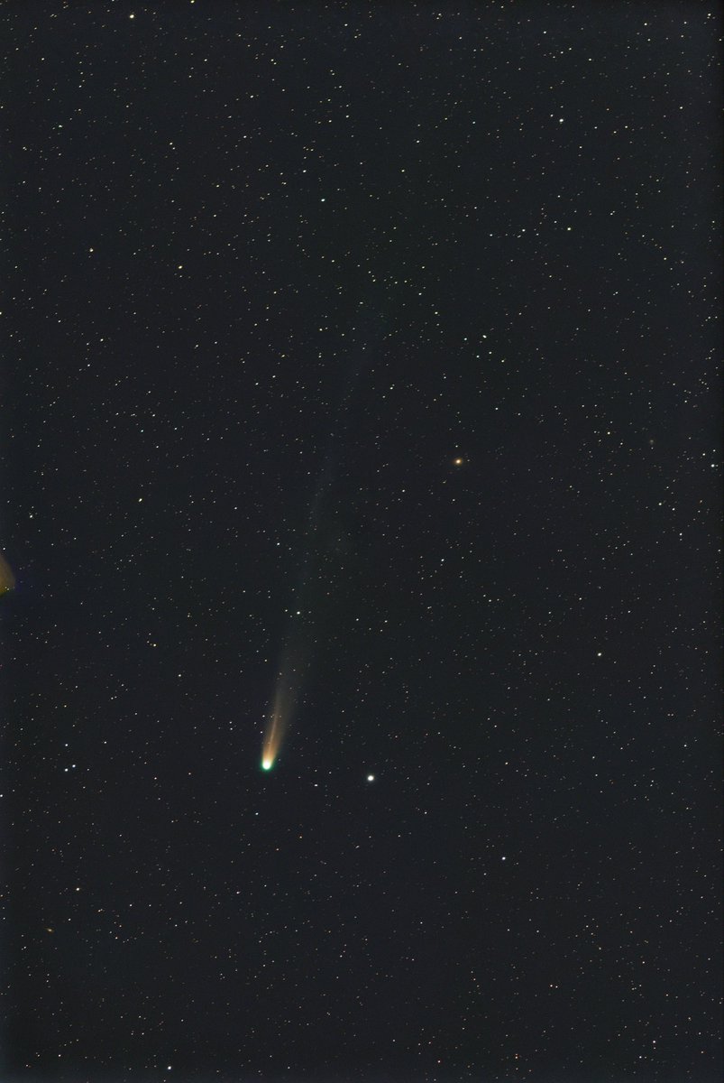 neutral50767033's tweet image. 今朝(10/17)のレモン彗星(C/2025 A6)です。前日の雨が止み、急速に晴れてくれたので奇跡的に撮影できました。Sigma135mm+APS-Cカメラで、長さ5度ほどの尾が見えています。彗星のすぐ右にはコルカロリ(α CVn、2.9等)があり、双眼鏡で探すのによい目印になりました😊
#cometlemmon
#c2025a6