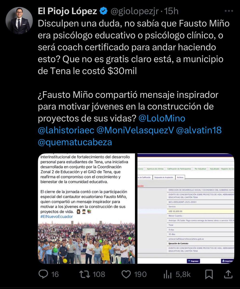giolopezjr's tweet image. DENUNCIA PÚBLICA. 
Hoy quiero alertar a la ciudadanía sobre un hecho preocupante.

Tras publicar en mi cuenta un contrato del Municipio de Tena por $30.000 dólares, destinado a un proyecto “de concientización para jóvenes” donde apareció el cantautor Fausto Miño y participó la…