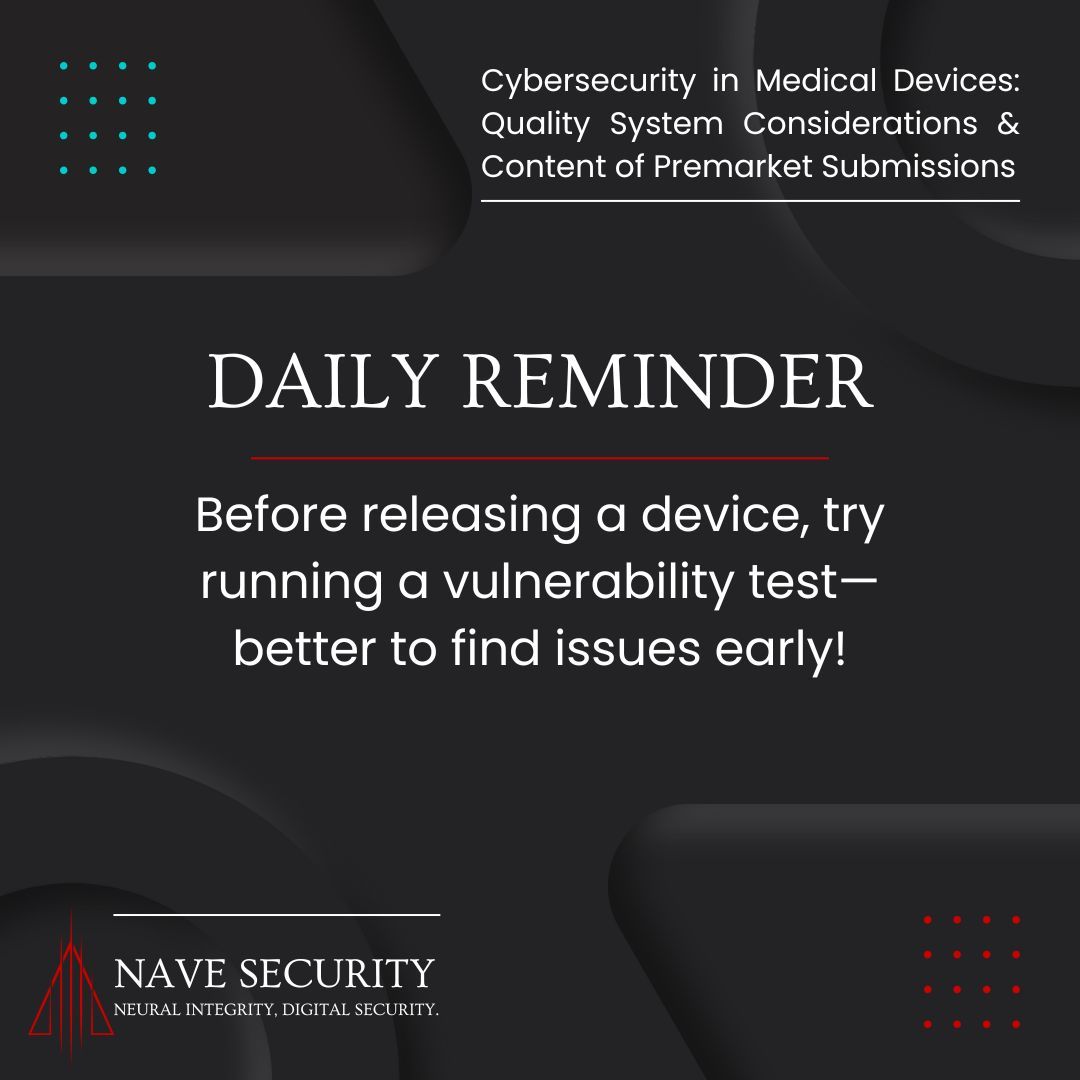 NaveSecurity's tweet image. 🧪 Run a vulnerability test before releasing any medical device. Early issue detection means safer, compliant launches. Trust Nave Security. 🏥🔎
#Cybersecurity #VulnerabilityTesting #MedTech #NaveSecurity