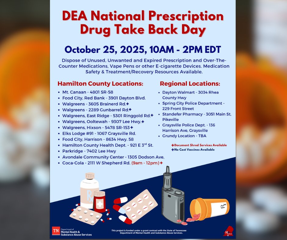 Mark your calendars! 
National Prescription Drug Take Back Day is coming up Saturday, 10-25-25. This event allows you to dispose of medications, vape pens, and other e-cigarette devices safely and for free.
Check out the graphic for all locations and times.