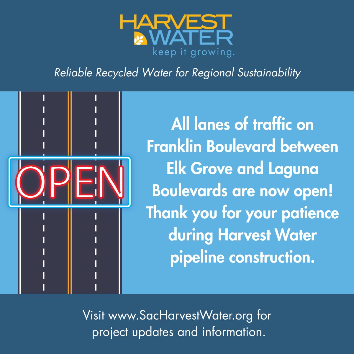 Good news! All lanes of Franklin Boulevard between Elk Grove and Laguna Boulevards are reopening today!

Intermittent lane closures with flaggers in place may continue in this area into November for median restoration, road resurfacing and striping. Work also continues south of