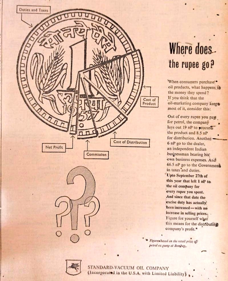 IndiaHistorypic's tweet photo. 1961 :: Advertisement by Standard Vaccum Oil Company On How Much It Earns On Sale of 1 Rupee of Petrol/ Diesel https://t.co/mMdlj9a0QC
