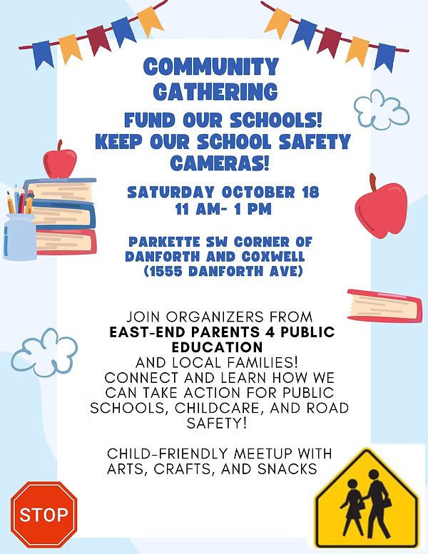 Show your support for public schools &amp; road safety! 📢🪧

Join East-End Parents 4 Public Education &amp; our elected Public School Trustee <a href="/SaraTorDan/">SaraTorDan</a> this Saturday for a family-friendly gathering at Coxwell &amp; Danforth.

ℹ️: tinyurl.com/58u3vceb

I hope to see you there!