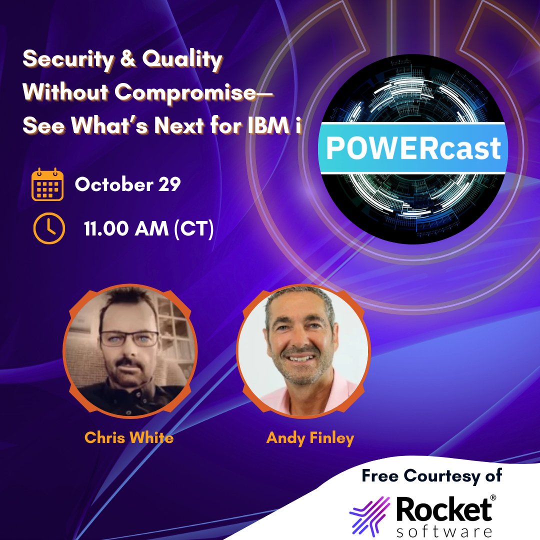 COMMONug's tweet image. The next Free POWERcast is coming your way October 29th. Join Rocket for: Security &amp;amp; Quality Without Compromise - See What&apos;s Next for IBM i.

🔗Register Here: hubs.li/Q03NwYB50