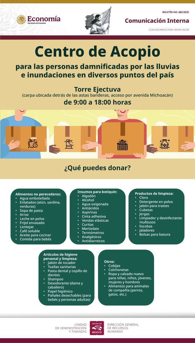 La <a href="/SE_mx/">Economía México</a> tiene ya habilitado un Centro de Acopio para las personas damnificadas por las lluvias e inundaciones en diversos puntos del país en un horario de 9:00 a 18:00 hrs 👇🏾