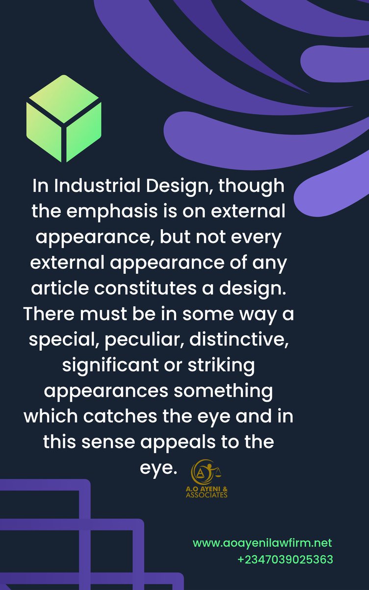 AdekunleAyeni's tweet image. In Industrial Design, though the emphasis is on external appearance, but not every external appearance of any article constitutes a design. There must be in some way a special, peculiar, distinctive, significant or striking appearances something 
#WCQ #Aoayeni #design_pattern