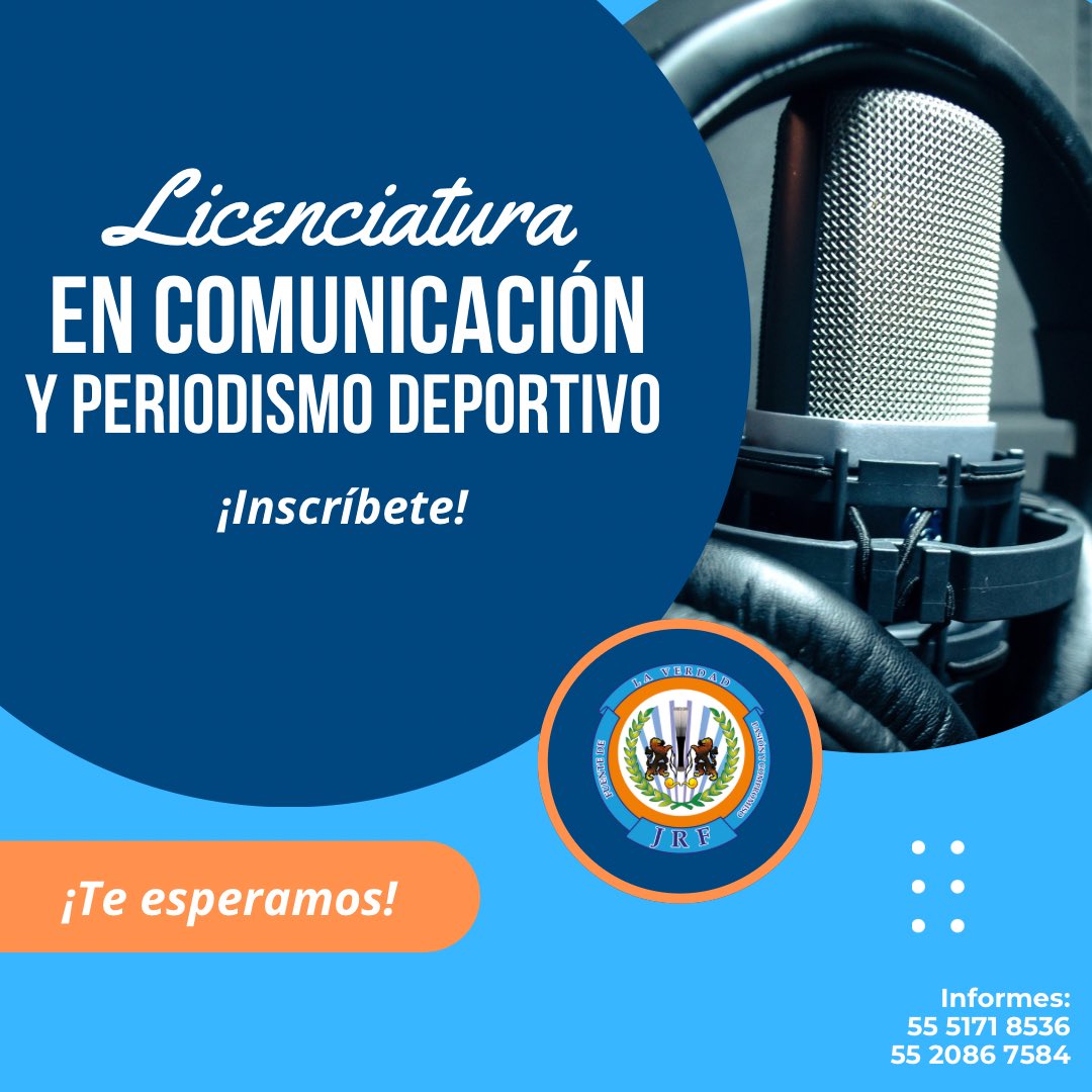 Inscríbete y obtén un 100% de descuento en tu inscripción para el cuatrimestre que inicia en enero. ¡No dejes pasar esta gran oportunidad! 💯🎙️

Informes aquí:📱55 2086 7584 📞 55 5171 8536
📩 relacionespublicasjrf@gmail.com