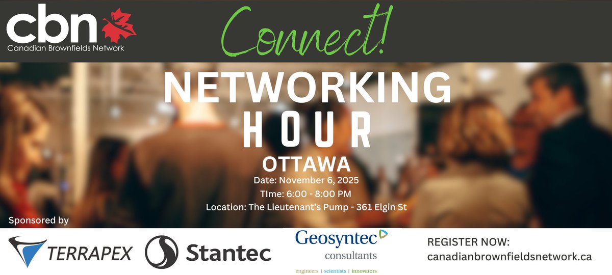 CdnBrownfields's tweet image. Join us for a networking hour in Ottawa for an evening of insights and meaningful connections in the world of brownfield redevelopment. Complimentary to attend, registration is required: canadianbrownfieldsnetwork.ca/events/cbn-net…
Sponsored by @Geosyntec, Terrapex, and @Stantec
#BrownfieldsFirst