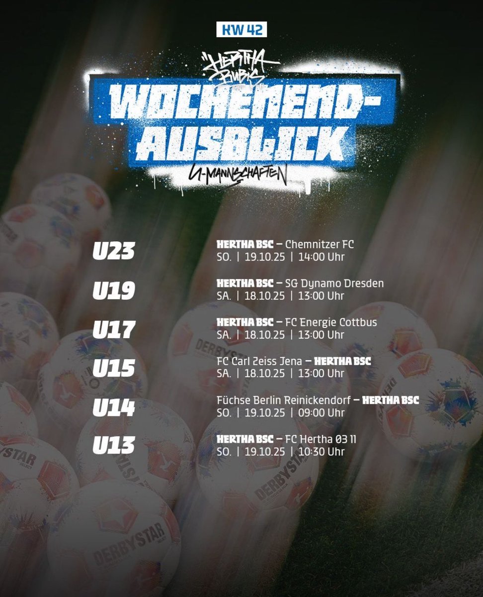 HerthaBerlinSC's tweet photo. So sieht das Wochenende unserer #HerthaBubis aus! 🫵💙
Die #BSCU16, #BSCU12, #BSCU11, #BSCU10 & #BSCU9 sind in dieser Woche nicht im Ligabetrieb aktiv.
Die Infos zum Heimspiel unserer #BSCU23 findet ihr hier: ⬇️
https://t.co/Nh6dFLQZvw
#HerthaBubis #HaHoHe https://t.co/mgwVZuS7Lm