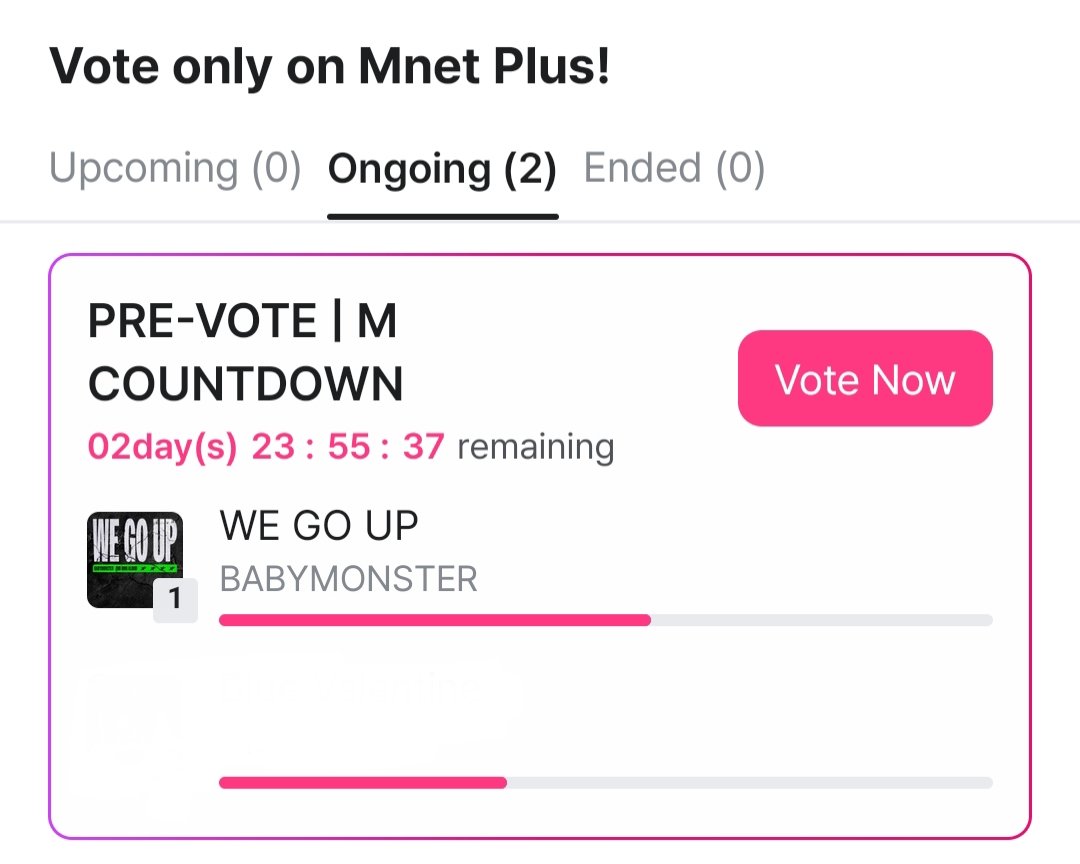 BABYMONSTERVT's tweet photo. [📢] M COUNTDOWN PRE-VOTE STARTS NOW

Monstiez! #BABYMONSTER has a chance to win on MCD next week (October 23)! 🏆 To make it happen, we need to win the pre-vote. Vote “We Go Up” now on Mnet Plus! 🔥💖

🗳️ 5 votes per account, per device, per day
👉 https://t.co/u1Capgd4IM
🗓 Voting Period: Oct 18, 12AM – Oct 20, 11:59PM (KST)
🗓 Tracking Period: Oct 13, 12AM – Oct 19, 11:59PM (KST)

Keep streaming We Go Up on all music platforms (MelOn, Spotify, Apple Music, etc.) and stream the music video on YouTube!

 #베이비몬스터 @YGBABYMONSTER_