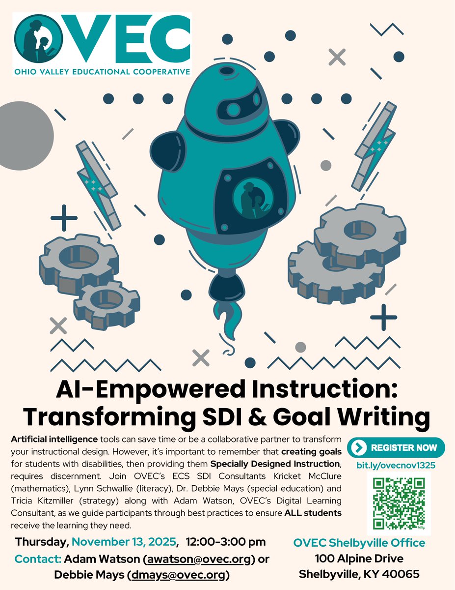 watsonedtech's tweet photo. Join me and my @OVECkyed ECS colleagues on November 13 as we discuss how #artificialintelligence can empower you to build on best practices for goal writing and specially designed instruction.   Registration link here:
https://t.co/wjjBnKlKQM

#KYDLC #AI #UnitedWeLearnKY #AllinKY https://t.co/tSLxGMAPFZ