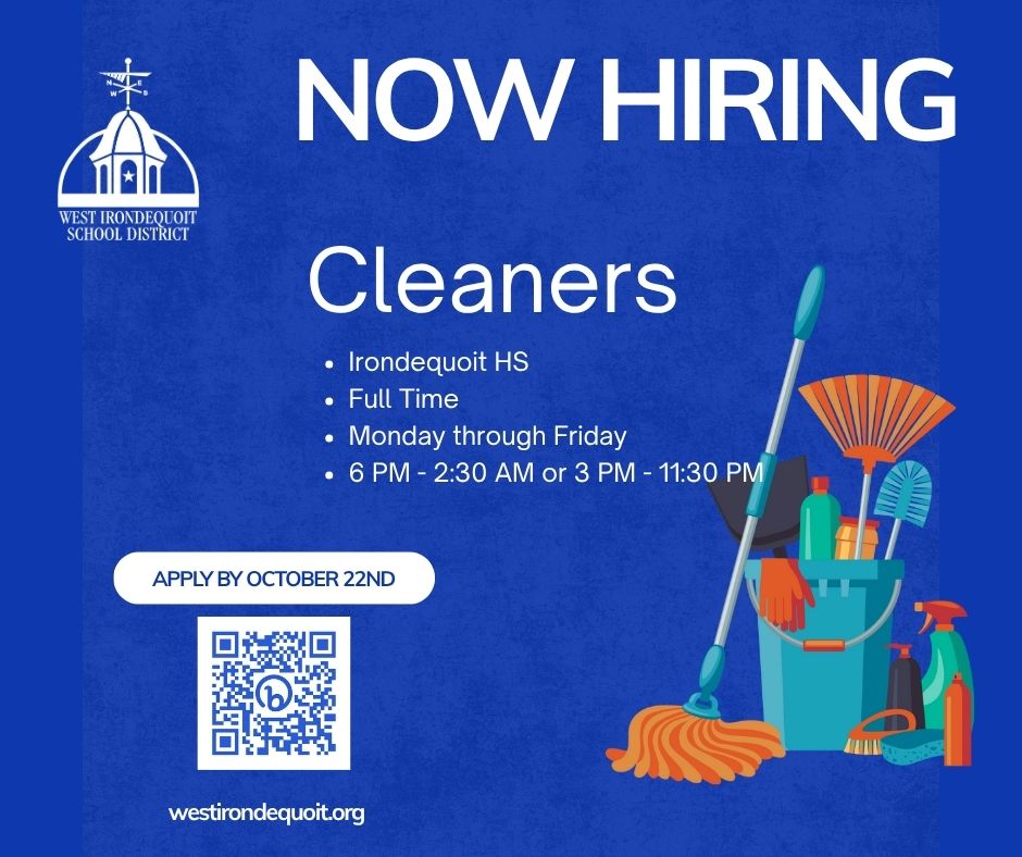 FULL-TIME CLEANER OPENING: We have openings for full-time cleaners at Irondequoit HS, Monday - Friday. Go to bit.ly/WI_JOBS for more information or to apply.